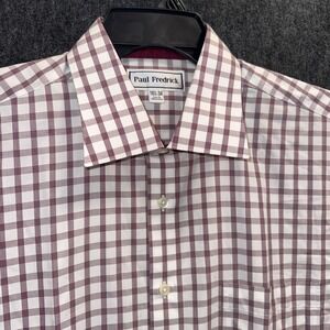 Paul Fredrick Dress Shirt Men Red White Plaid 16.5 34 Trim Fit Contrast Cuff